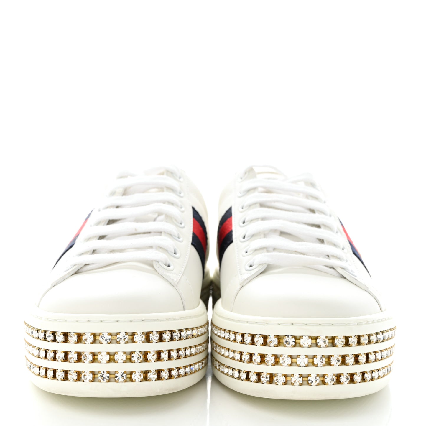 Calfskin Crystal Web Bee Embroidered Womens Ace Platform Sneakers 36 White