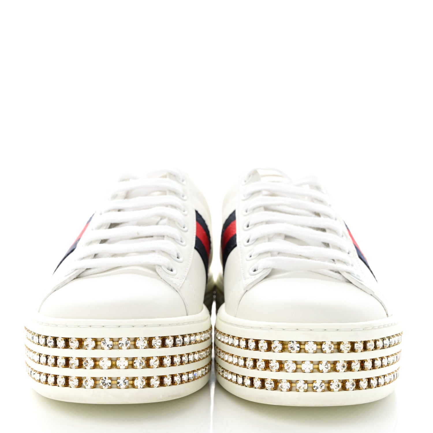 Gucci Calfskin Crystal Web Bee Embroidered Womens Ace Platform Sneakers 36 White 2 of 11