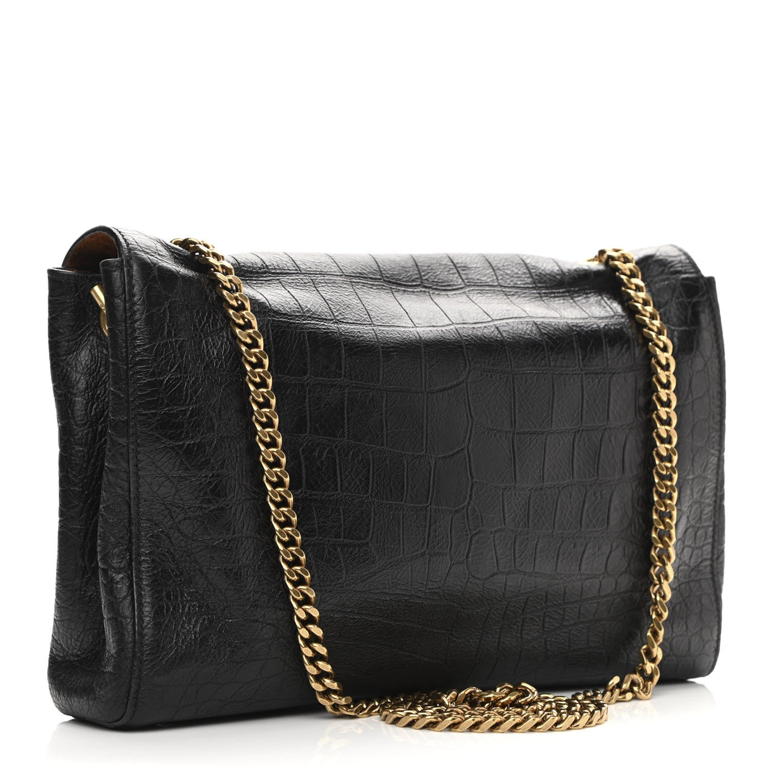 Saint Laurent Calfskin Crocodile Embossed Suede Medium Reversible Monogram Kate Satchel Military Taupe 4 of 19