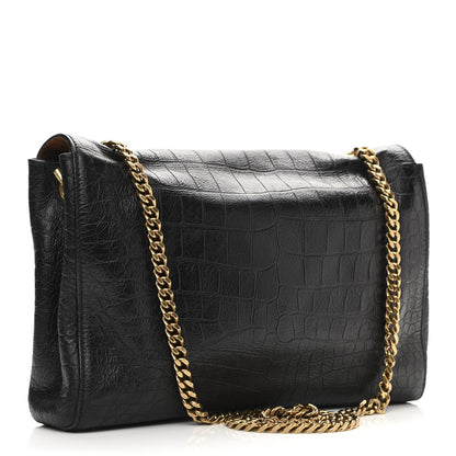 Saint Laurent Calfskin Crocodile Embossed Suede Medium Reversible Monogram Kate Satchel Military Taupe 4 of 19
