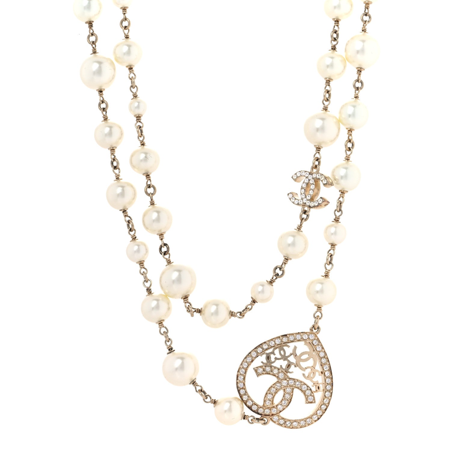 Chanel Swarovski Crystal Pearl CC Heart Necklace Gold 1 of 7