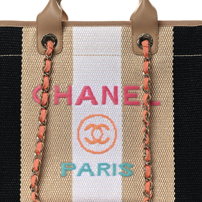 Chanel Straw Raffia Calfskin Striped Medium Deauville Tote Black Beige Ivory 8 of 14