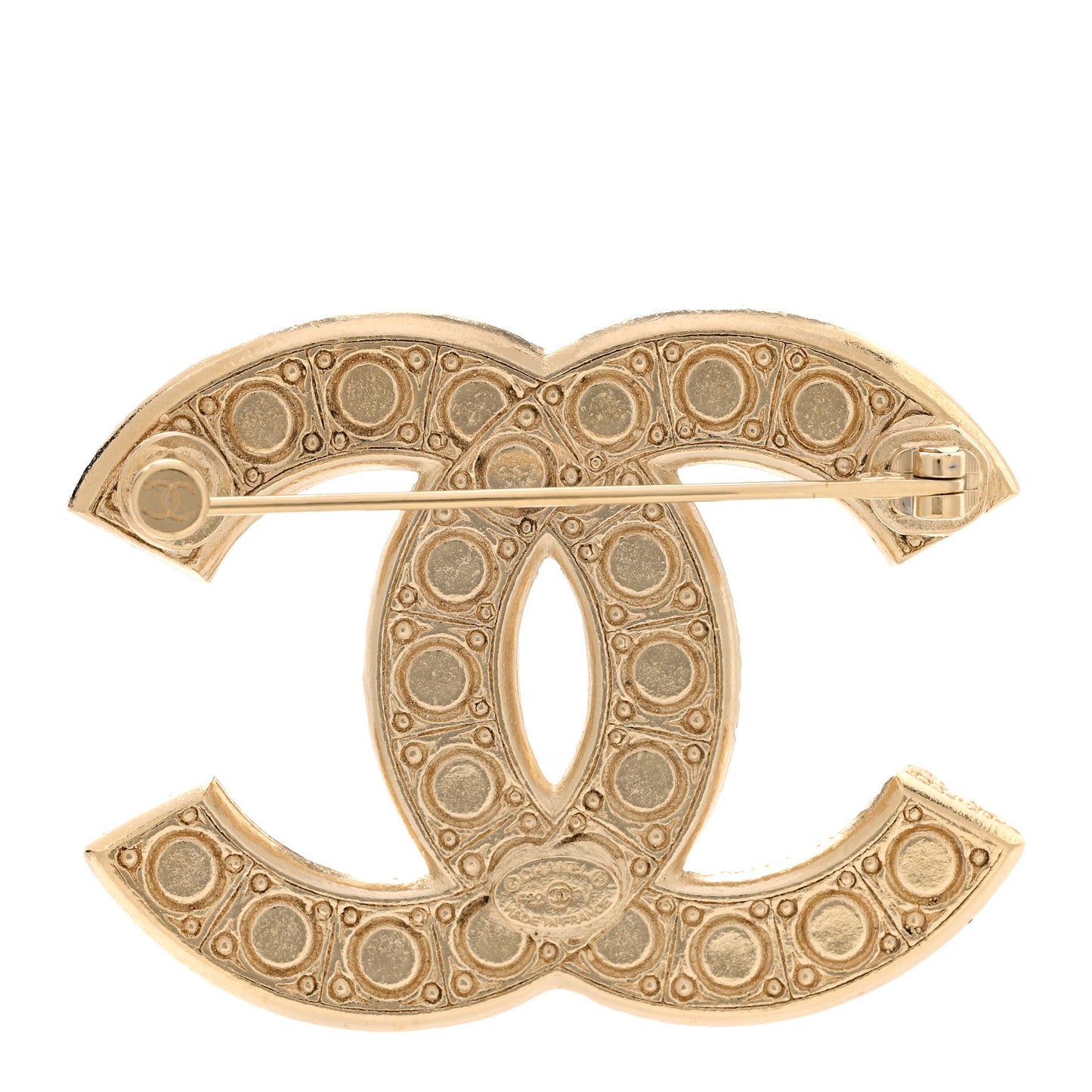 Metal Crystal Graduated Pearl CC Brooch Gold