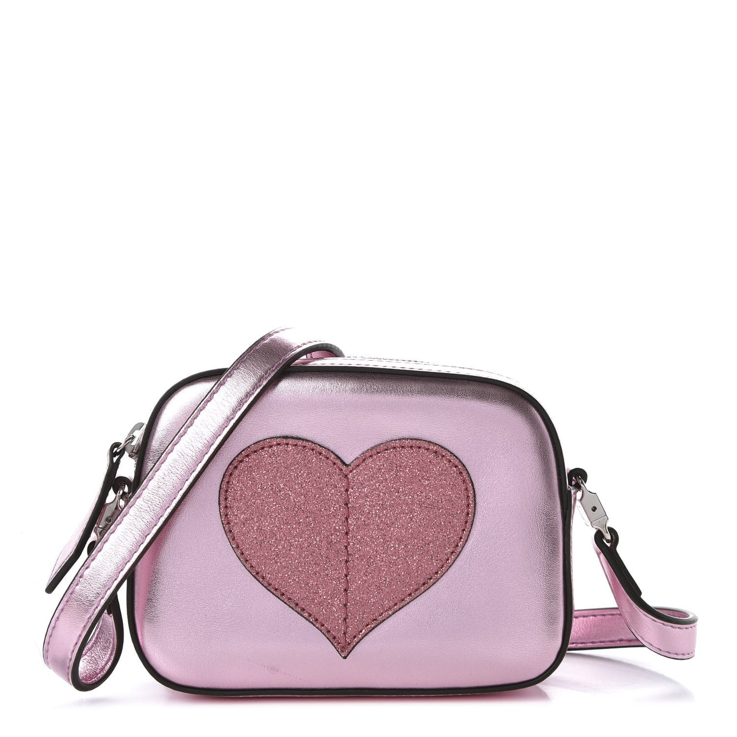 Metallic Calfskin Children's Glitter Heart Messenger Bag Pink