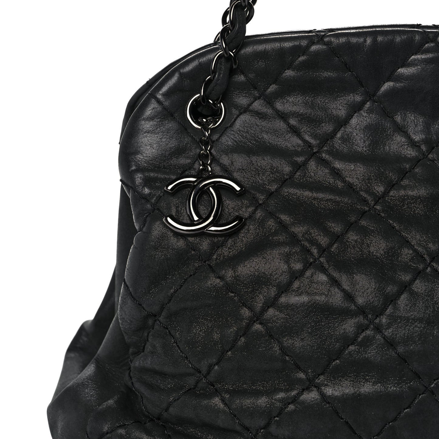 Iridescent Calfskin Large Just Mademoiselle Bowling Bag Black