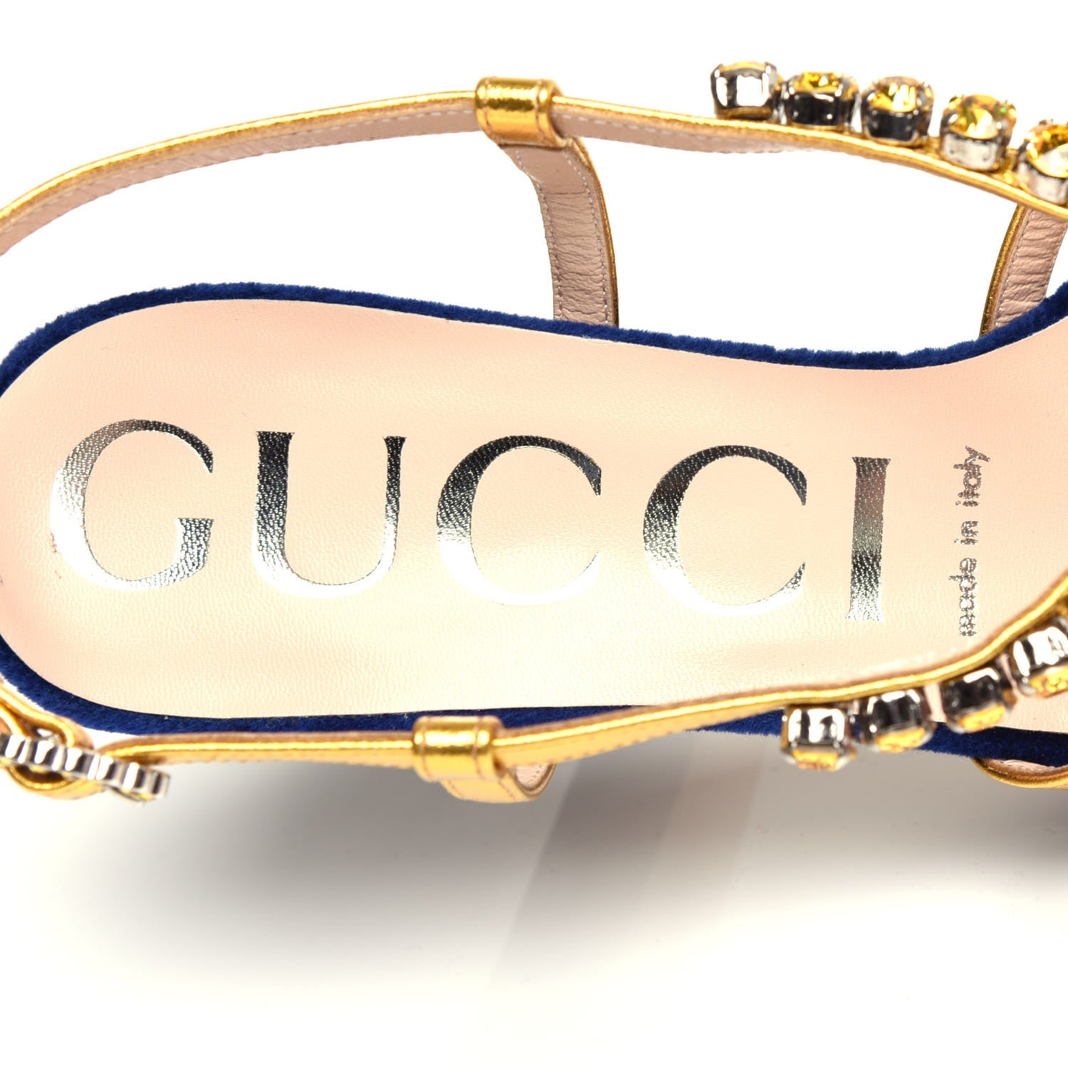 Gucci Velvet Nappa Crystal Zephyra Slingback Platform High Heel Sandals 37.5 Blue Gold 8 of 10