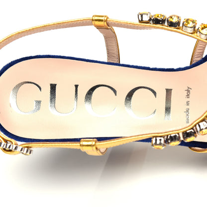 Gucci Velvet Nappa Crystal Zephyra Slingback Platform High Heel Sandals 37.5 Blue Gold 8 of 10