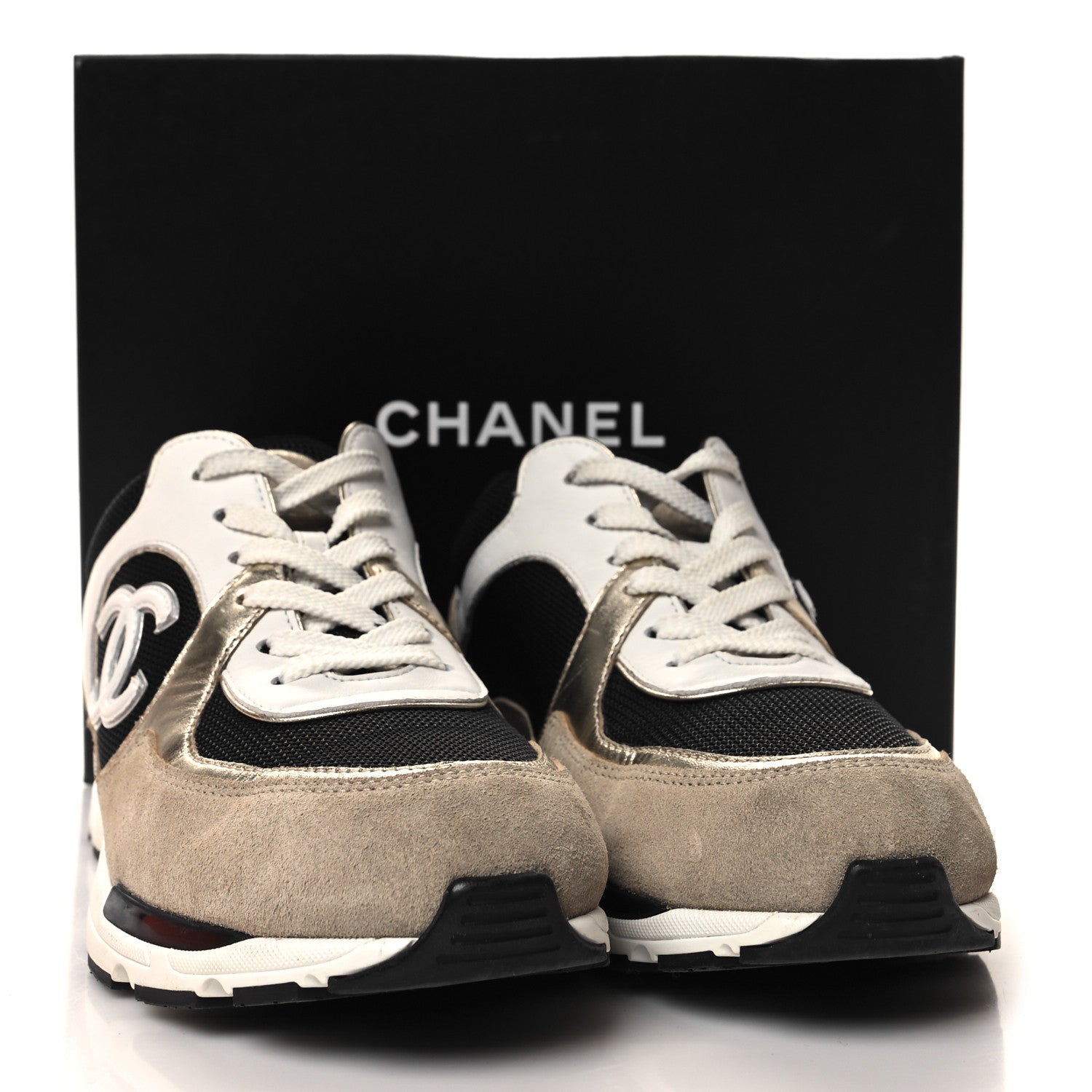 Chanel Mesh Suede Calfskin CC Sneakers 39.5 White Black Beige Gold 9 of 9