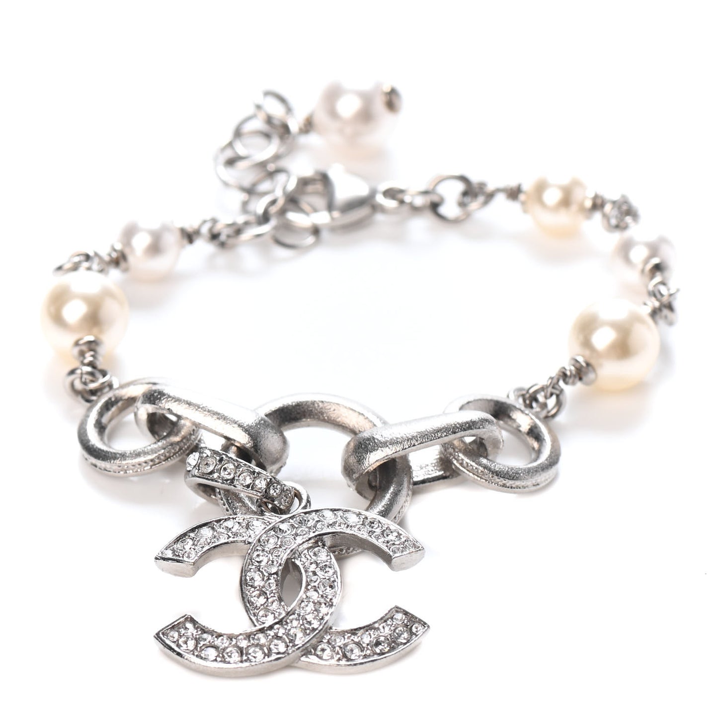Crystal Pearl CC Bracelet Silver
