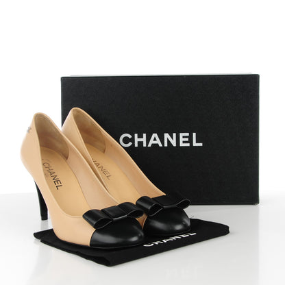 Chanel Lambskin Cap Toe Bow Pumps 40 Beige Black 9 of 9