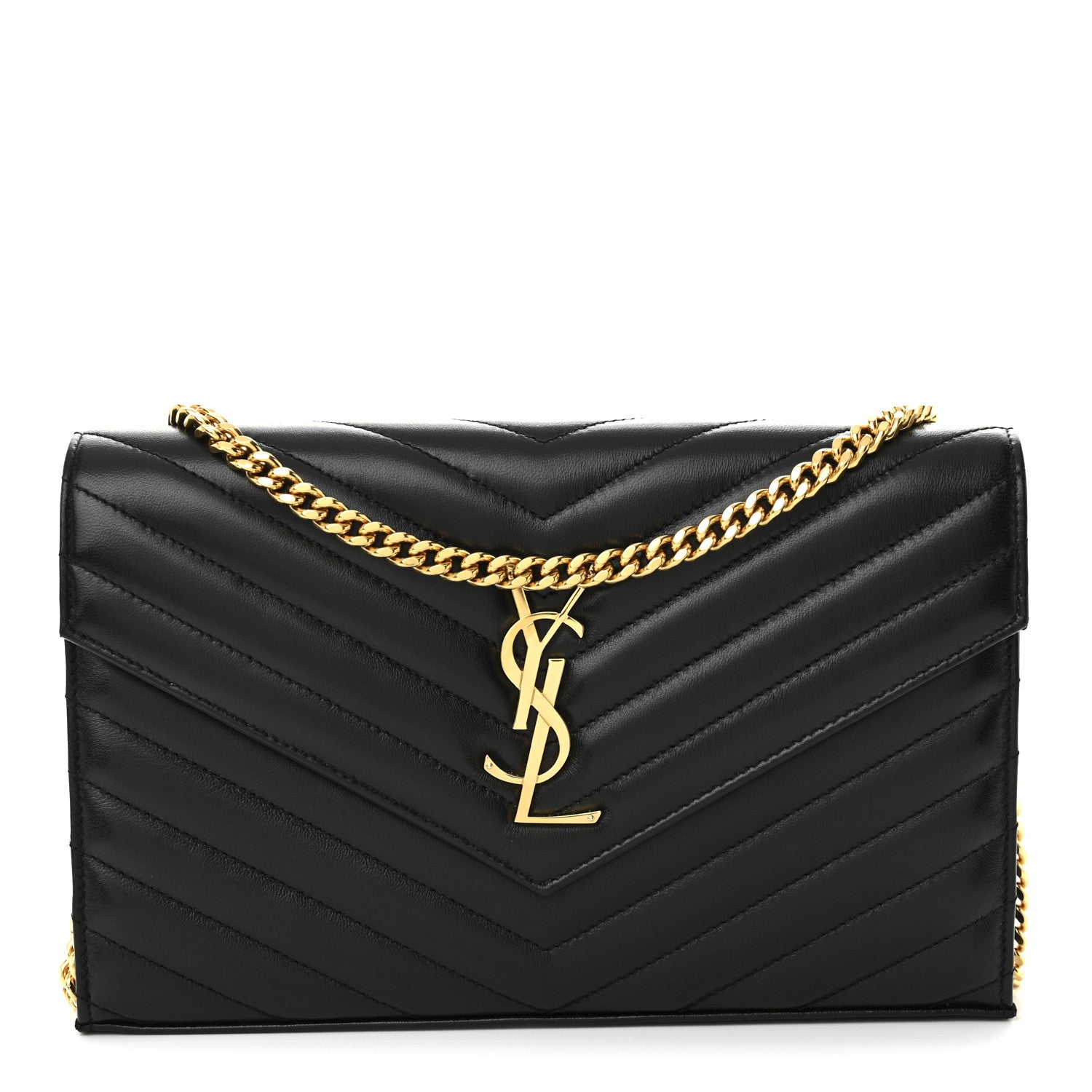 Saint Laurent Lambskin Matelasse Chevron Monogram Chain Wallet Black 1 of 11