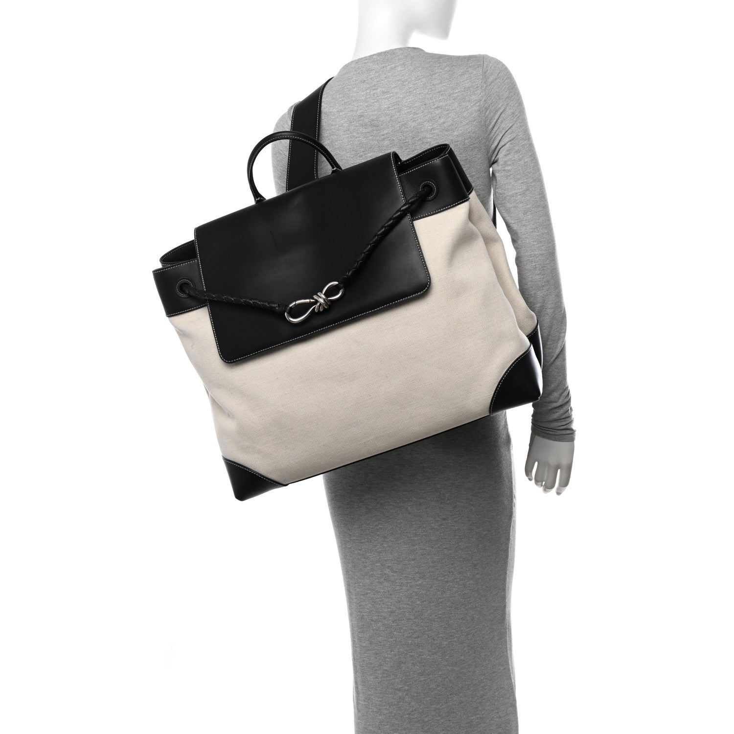 Bottega Veneta Washed Canvas Calfskin Large Andiamo Backpack Natural Black 2 of 11