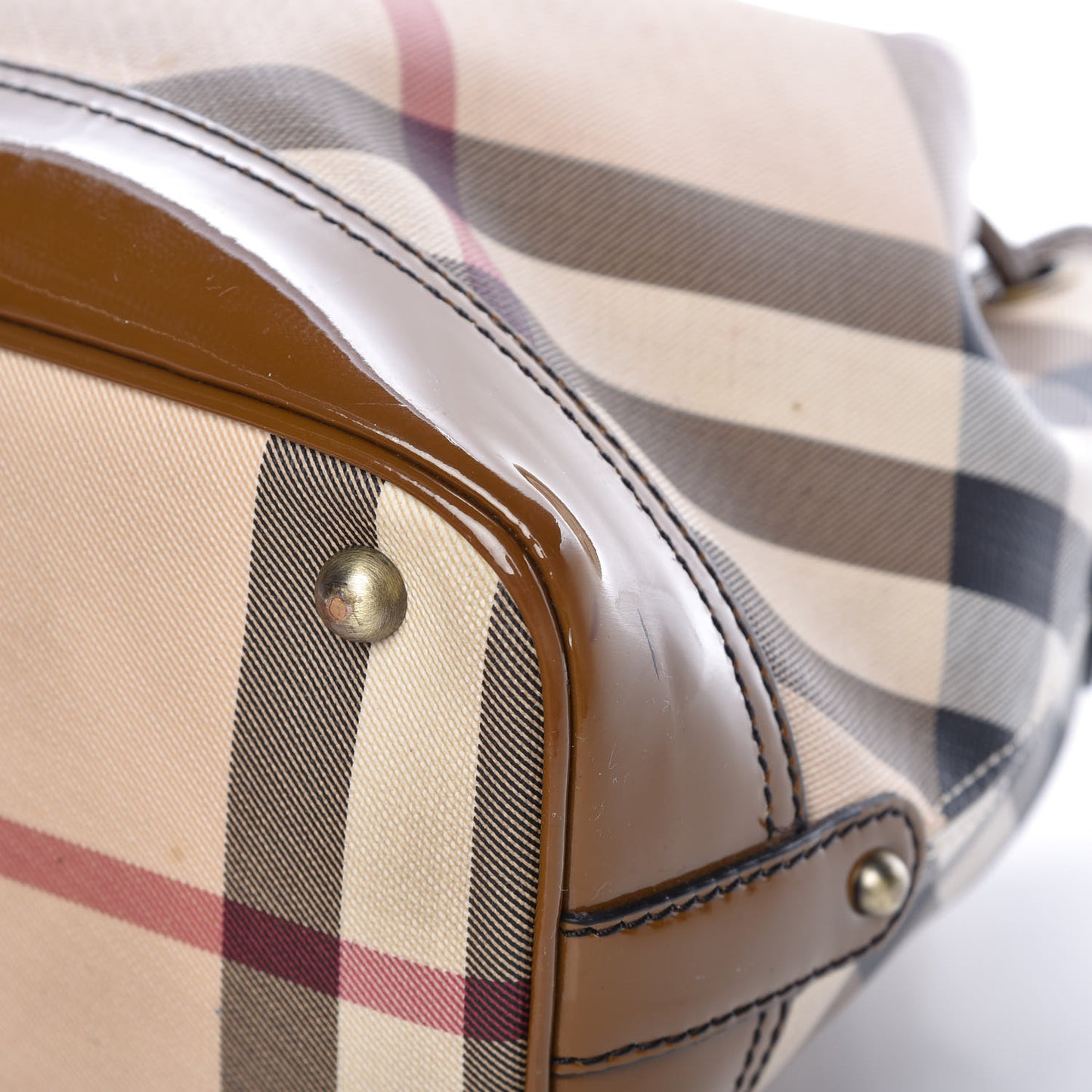 Patent Trim Nova Check Drawstring Bucket Bag Brown