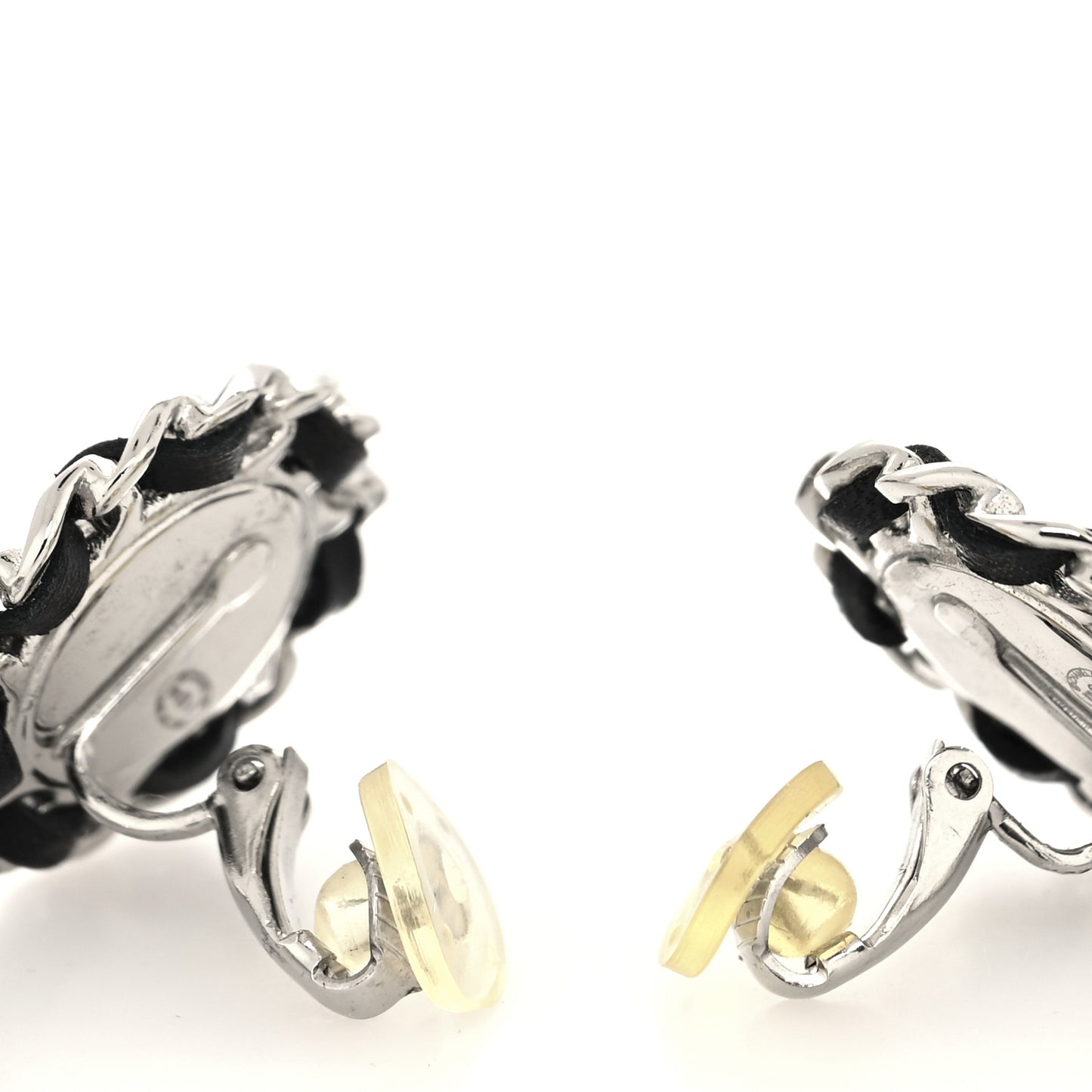 Crystal Lambskin Chain CC Hoop Clip On Earrings Black Silver