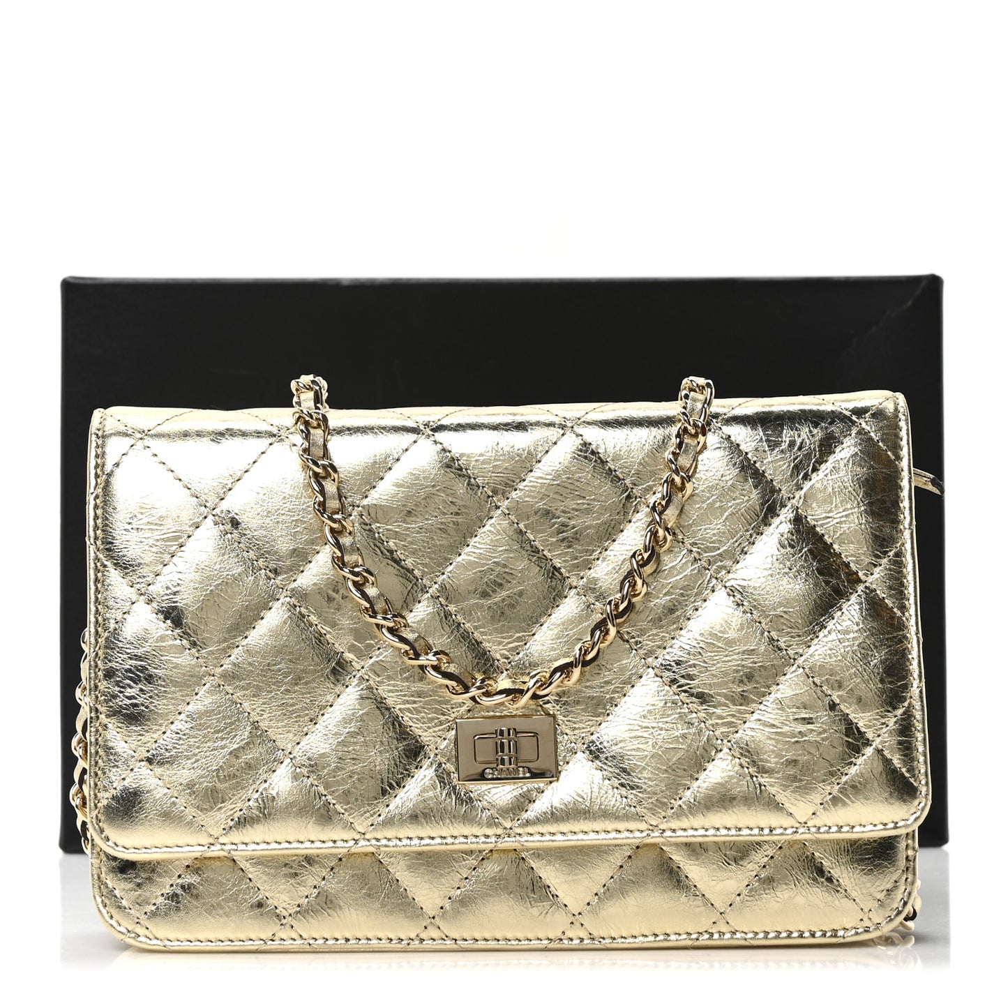 Metallic Aged Calfskin Quilted Reissue Wallet On Chain WOC Gold