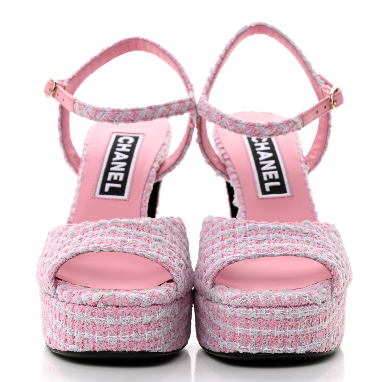 Chanel Tweed Crystal CC Platform Sandals 38 Light Pink 1424252