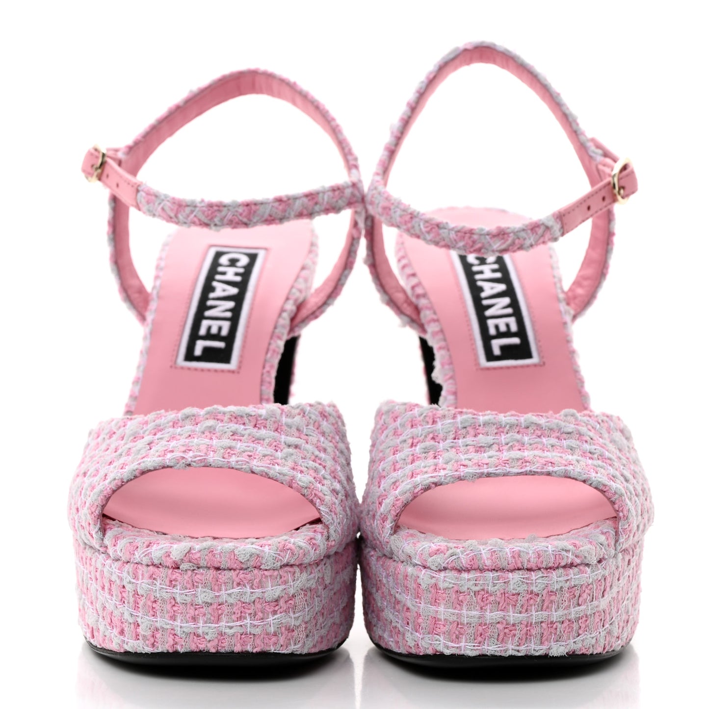 Tweed Crystal CC Platform Sandals 38 Light Pink