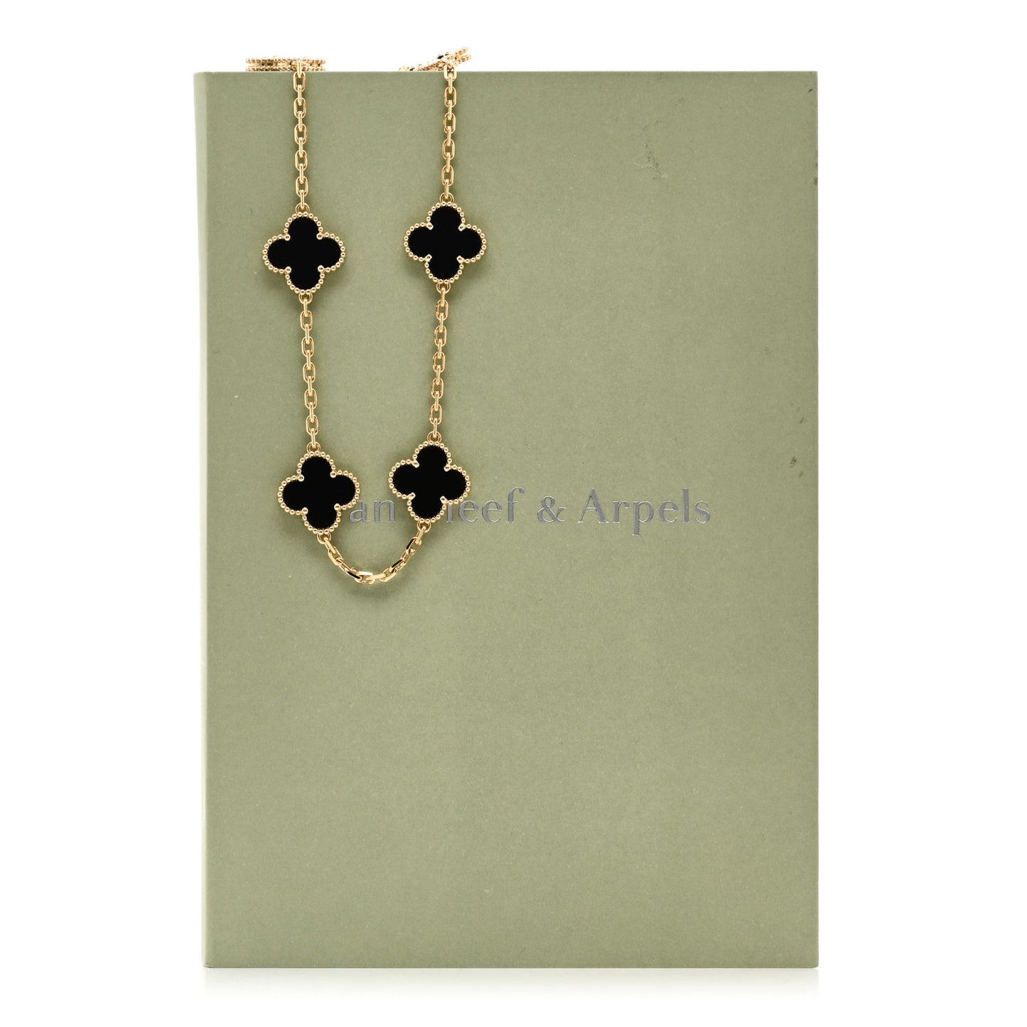 18K Yellow Gold Black Onyx 10 Motifs Vintage Alhambra Necklace