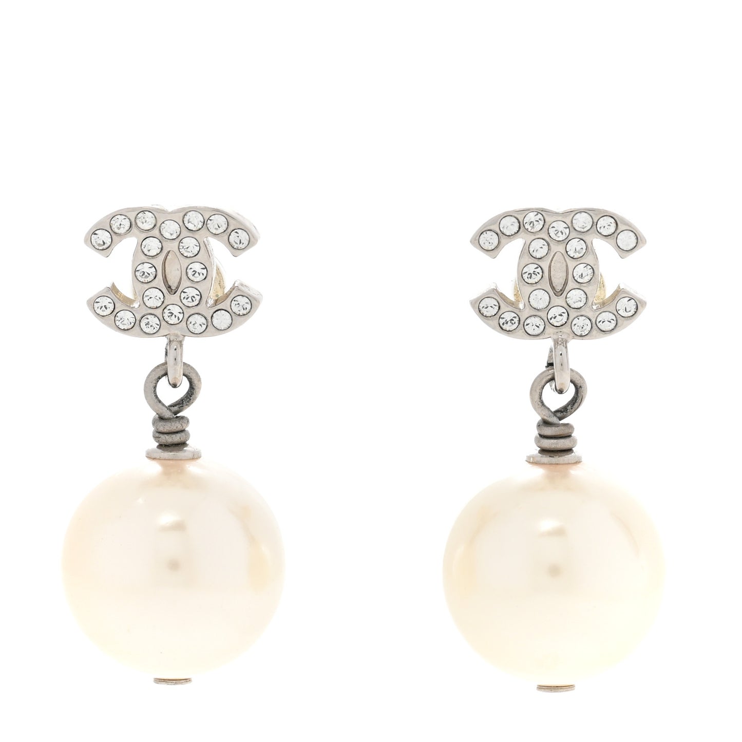 Crystal Pearl CC Drop Earrings Silver Pearly White