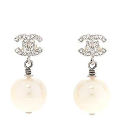 Chanel Crystal Pearl CC Drop Earrings Silver Pearly White 1 of 4