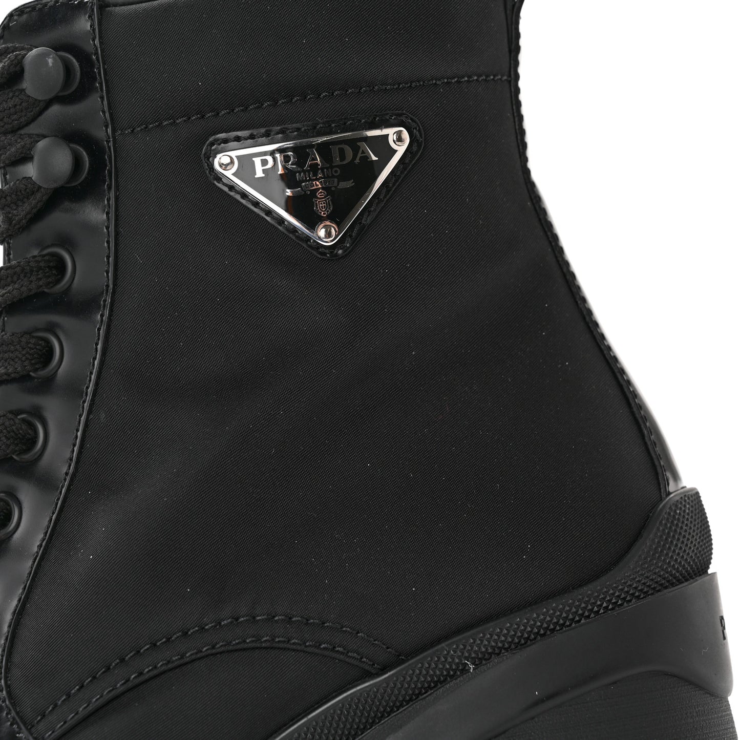Spazzolato Re-Nylon Metal Triangle Logo Lace Up 55mm Ankle Boots 39.5 Black