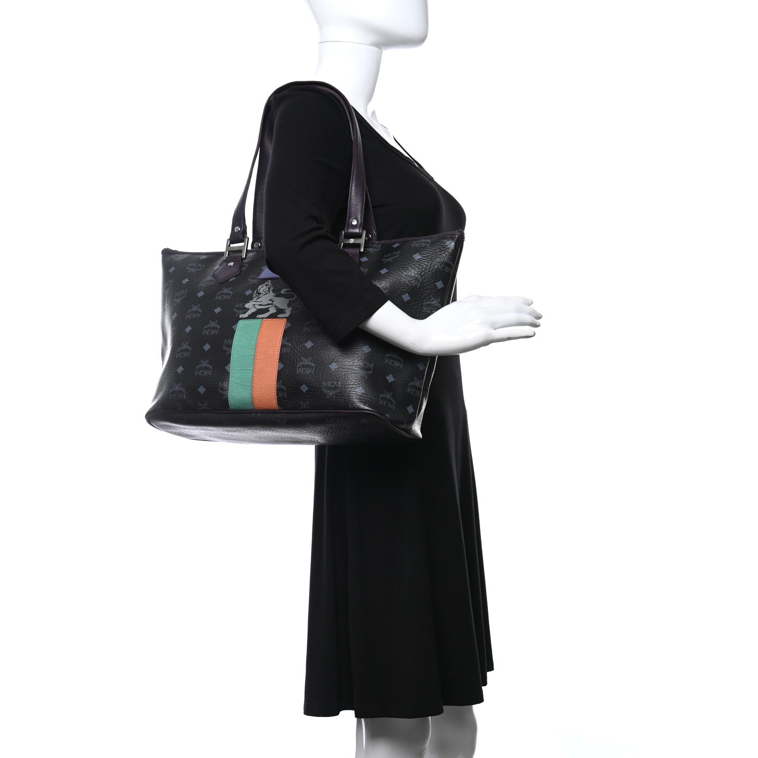 MCM Visetos Striped Munich Lion Tote Black 2 of 10