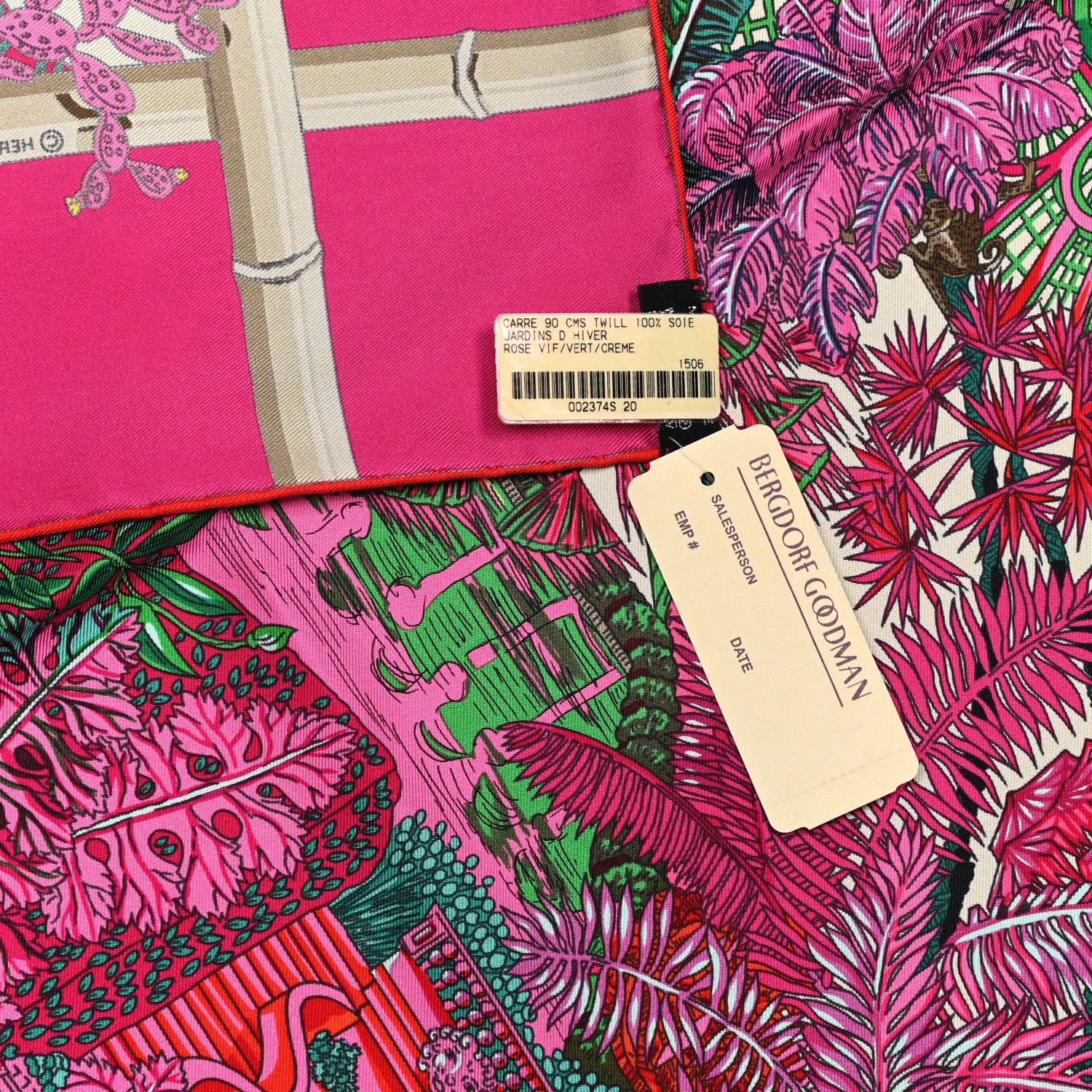 Hermes Silk Jardins D Hiver Scarf 90 Rose Vif Vert Creme 5 of 5