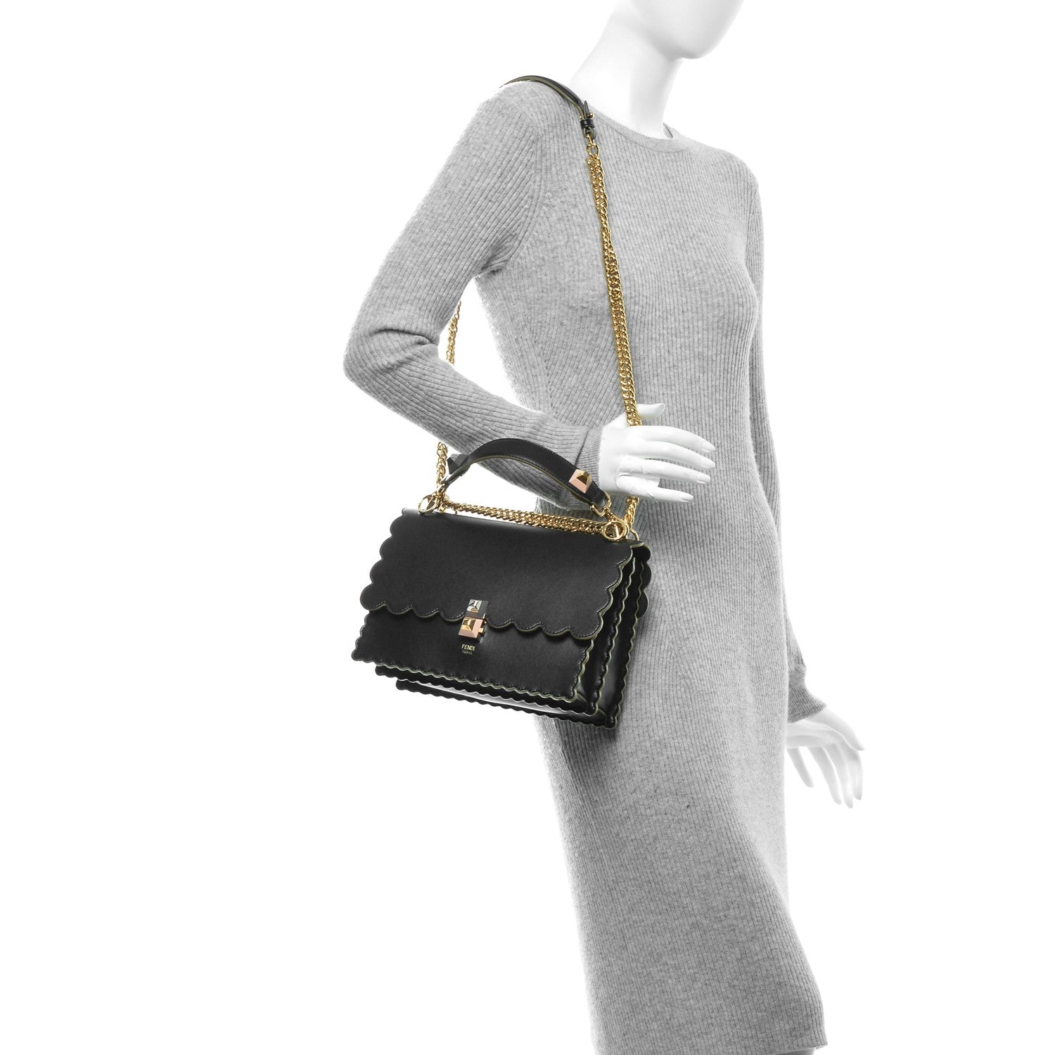Fendi Vitello Liberty Scalloped Studded Kan I Shoulder Bag Black 2 of 7