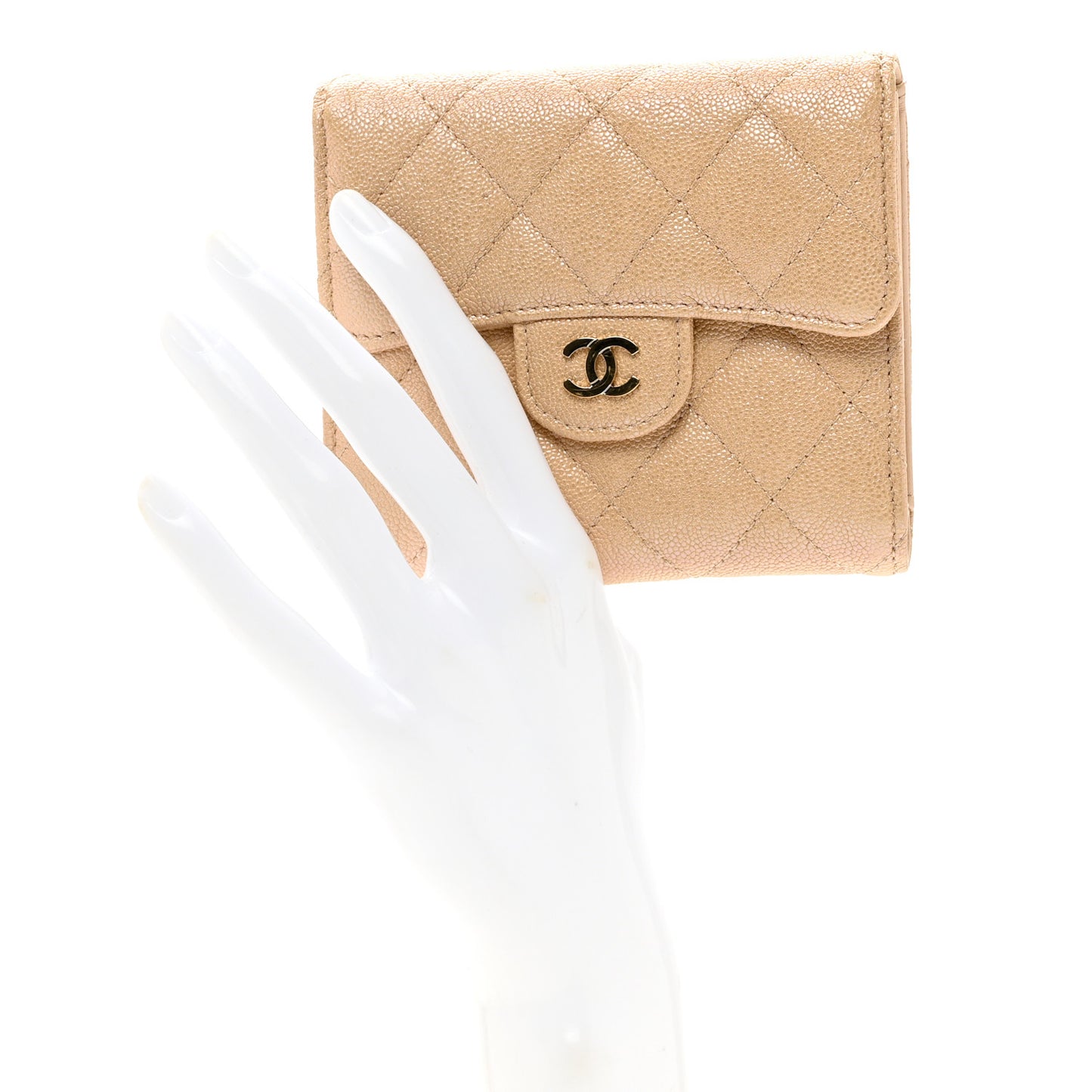 Iridescent Caviar Quilted Compact Flap Wallet Beige