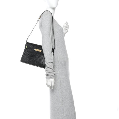 Saint Laurent Shiny Calfskin Crocodile Embossed Manhattan Baguette Black 2 of 10