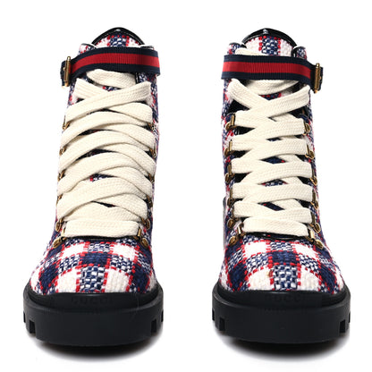 Gucci Vintage Tweed Check Lace Up Combat Ankle Boots 38.5 White Hibiscus Red Marine 2 of 7