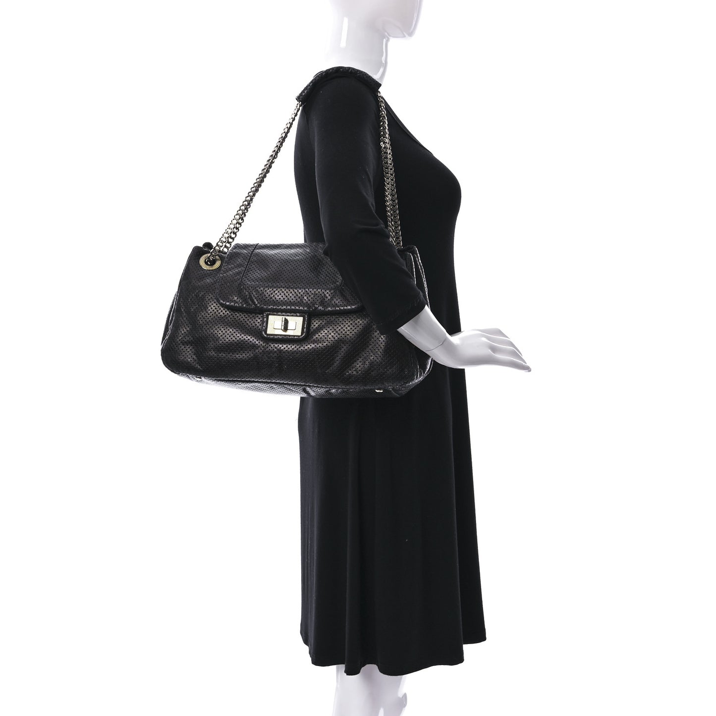 Metallic Calfskin Perforated Large Drill Accordion Flap Black