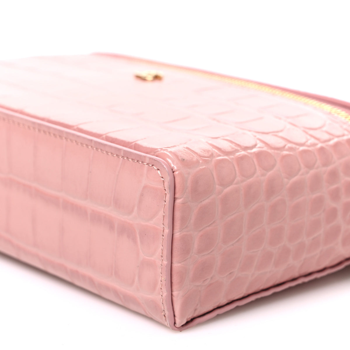 Calfskin Crocodile Embossed Crococo Top Handle Slim Vanity Case With Chain Light Pink