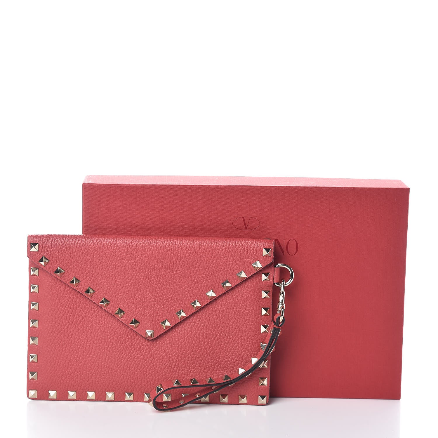 Valentino Garavani Pebbled Calfskin Medium Rockstud Envelope Flat Wristlet Pouch Red 7 of 7