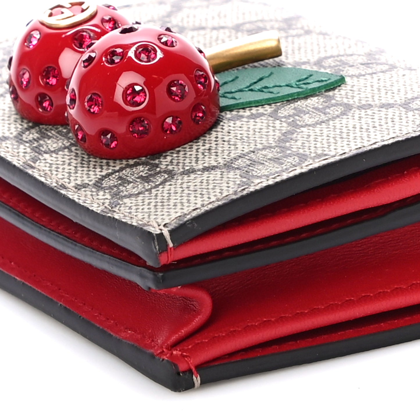 GG Supreme Monogram Cherry Embellished Card Case Wallet Hibiscus Red
