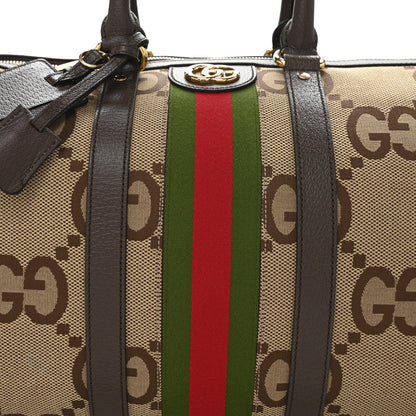 Gucci Monogram Jumbo GG Textured Dollar Calfskin Web Medium Duffle Bag Camel Ebony 7 of 12