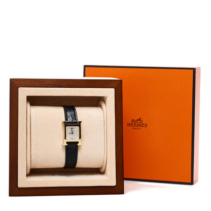 Hermes Stainless Steel Alligator Diamond Mother of Pearl 17.2mm Heure H Hour Quartz Watch Noir 5 of 5