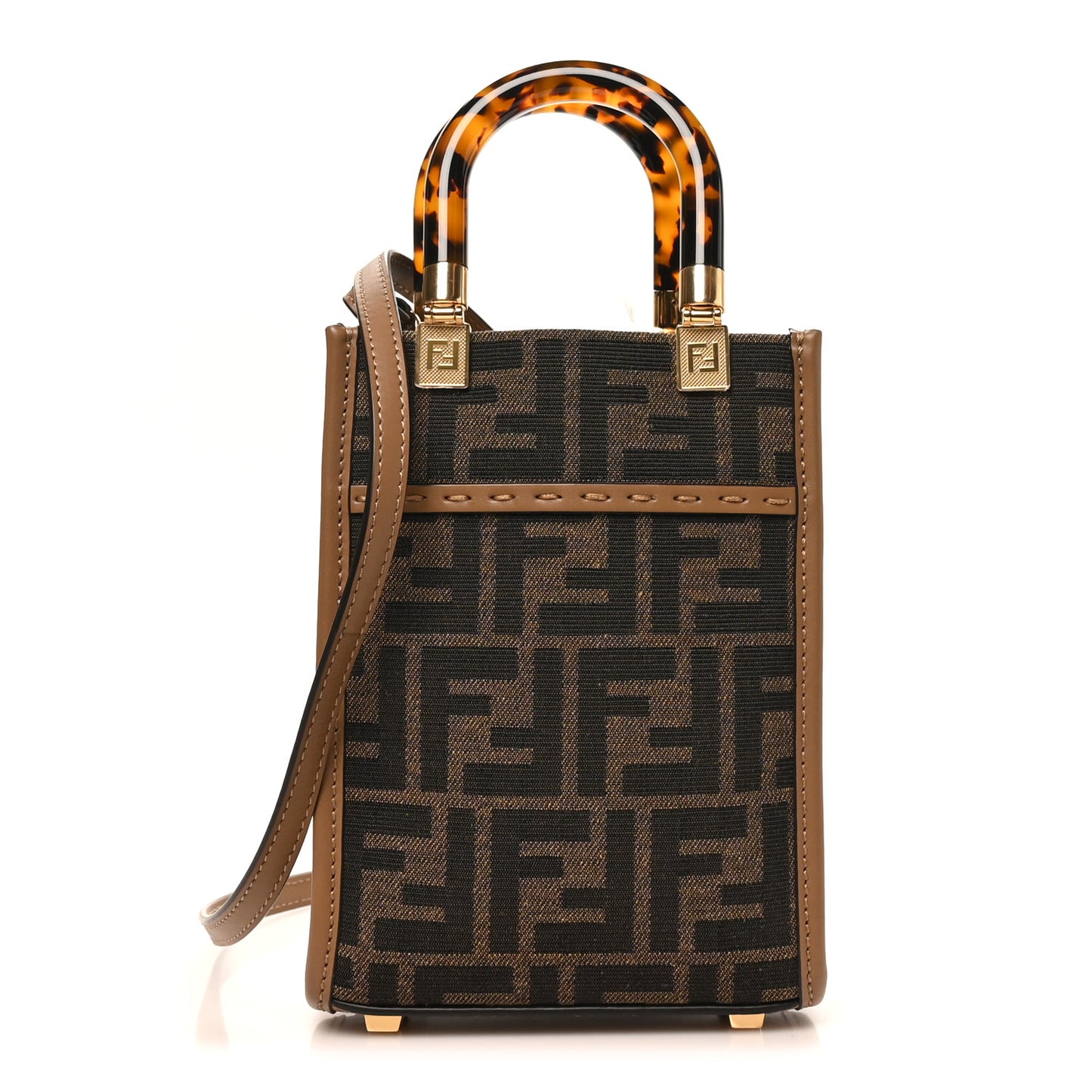 Fabric Jacquard Vitello King Plexiglass FF 1974 Mini Fendi Sunshine Shopper Tote Tobacco Moro Sand