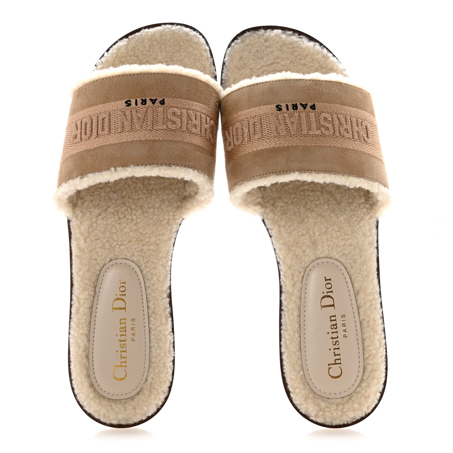 Suede Goatskin Shearling Embroidered Dway Slide Sandals 38 Cookie