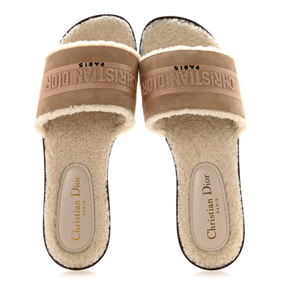 Christian Dior Suede Goatskin Shearling Embroidered Dway Slide Sandals 38 Cookie 2 of 9
