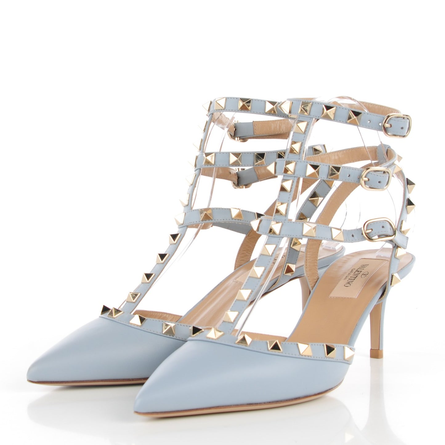 Calfskin Nappa Rockstud Ankle Strap 65mm Pumps 37.5 Water Sky