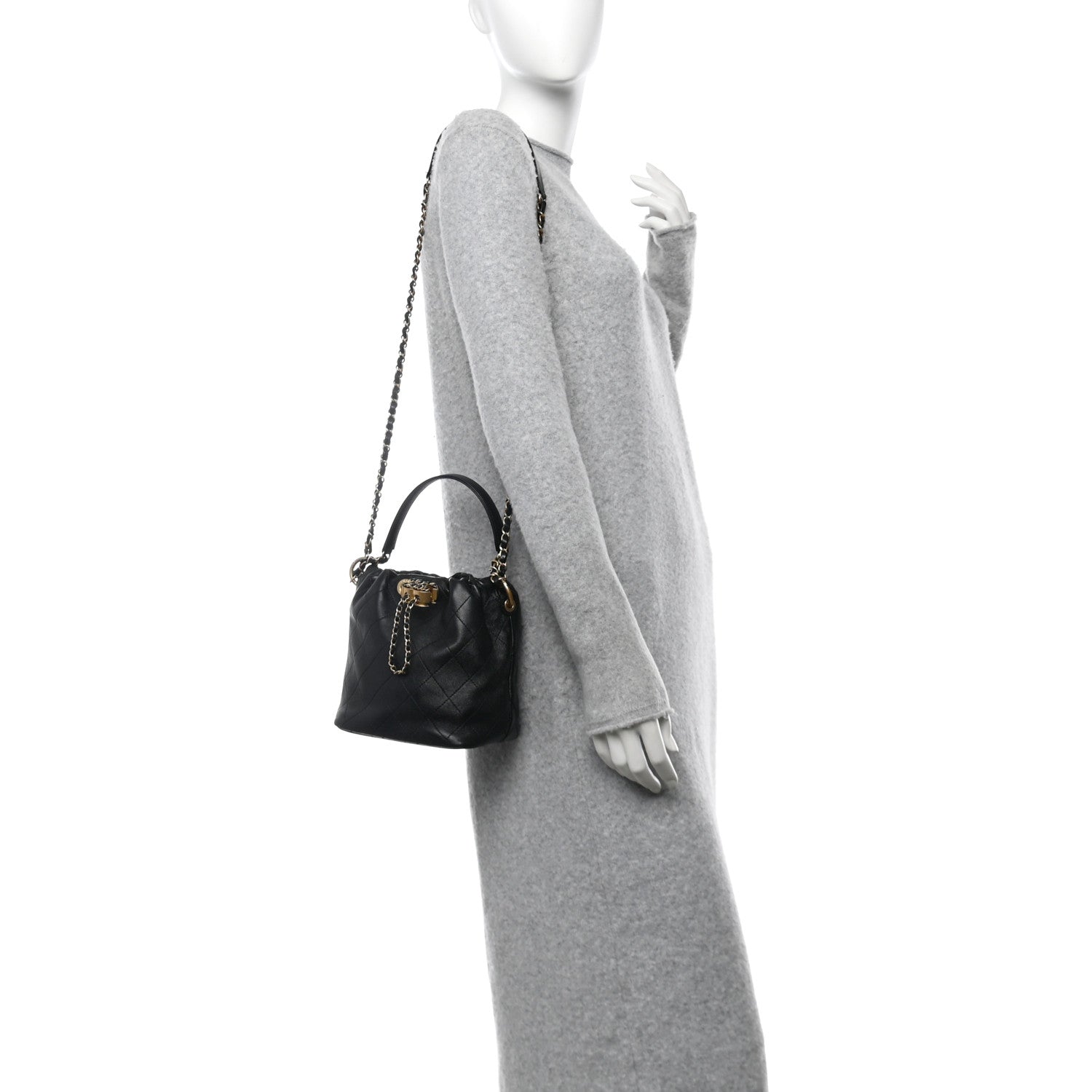 Chanel Lambskin Stitched Drawstring Bucket Bag Black 2 of 11