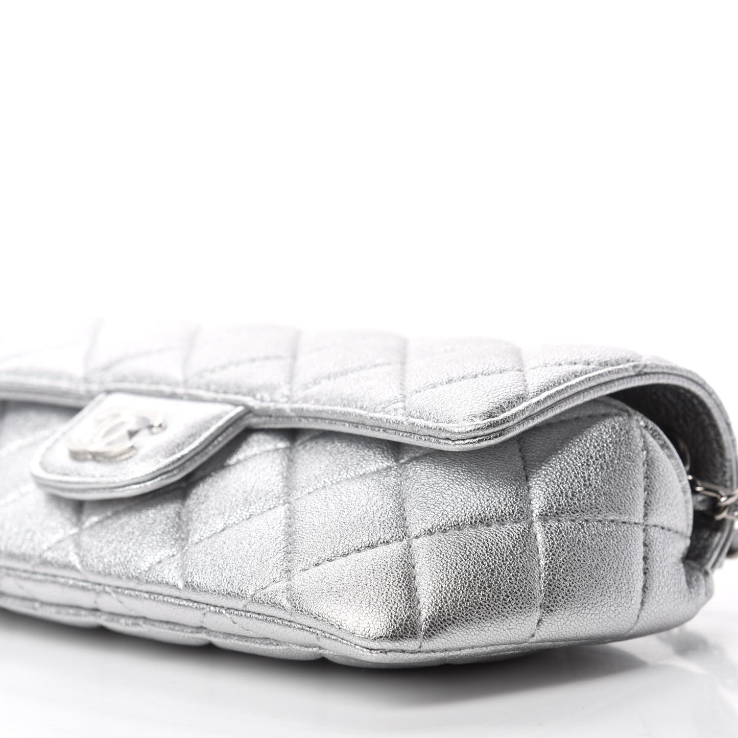 Metallic Lambskin Quilted Glasses Case With Chain Silver