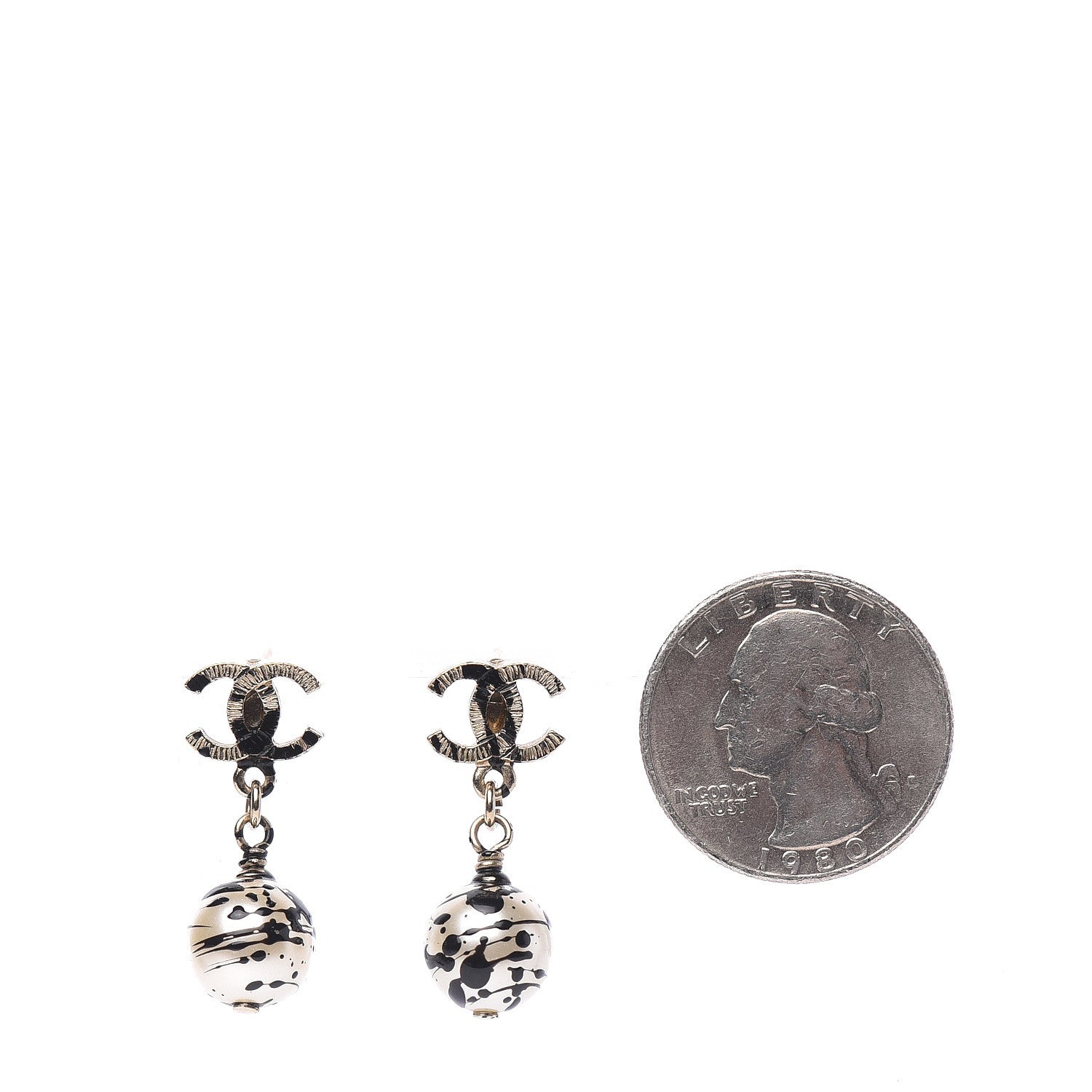 Chanel Pearl Bead CC Jackson Pollock Splattered Paint Drop Earrings Black Gold 3 of 9