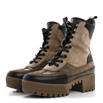 Louis Vuitton Suede Calfskin Monogram Laureate Platform Desert Boots 37.5 Taupe 4 of 15