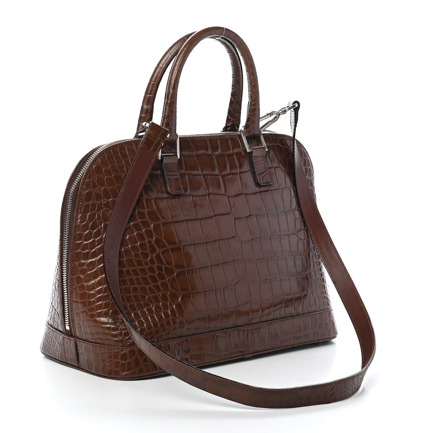 Crocodile Embossed Calfskin Large Bowler Bag Brown
