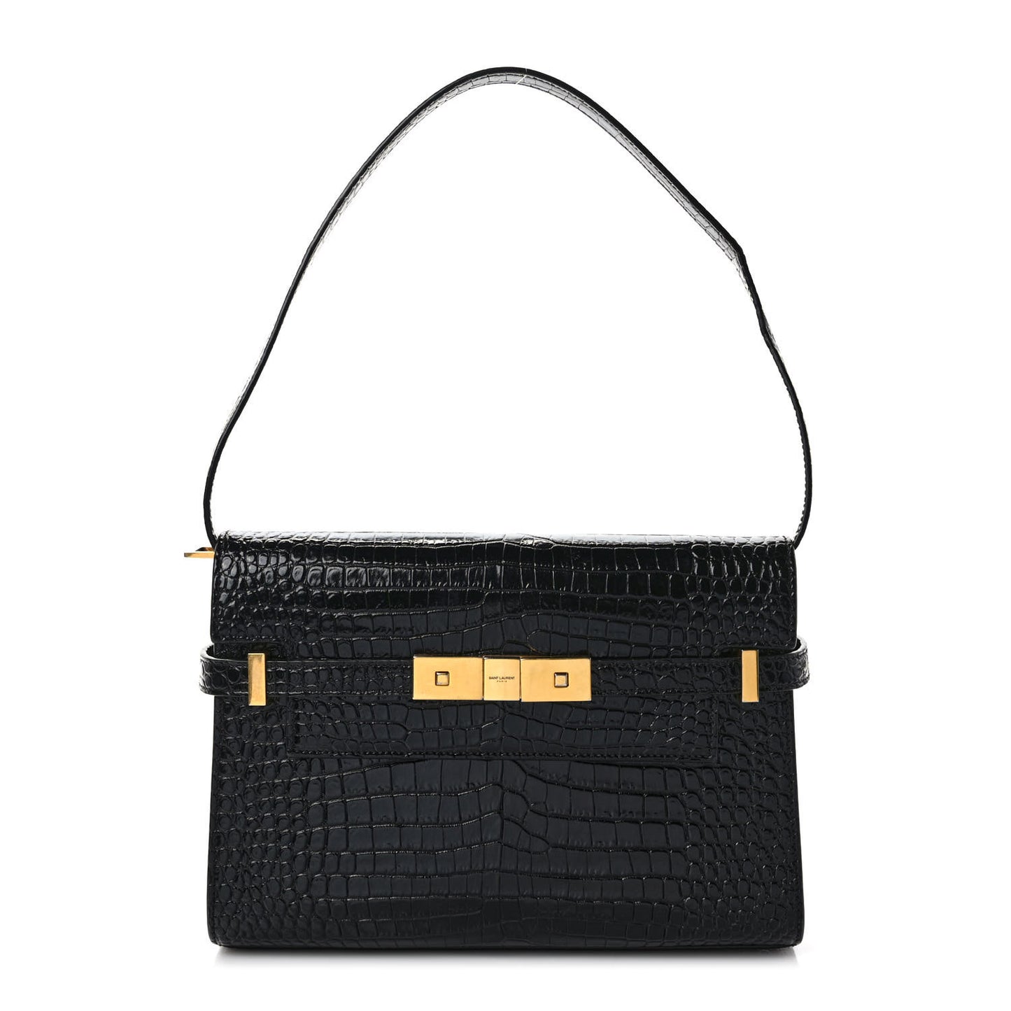 Shiny Calfskin Crocodile Embossed Manhattan Baguette Black