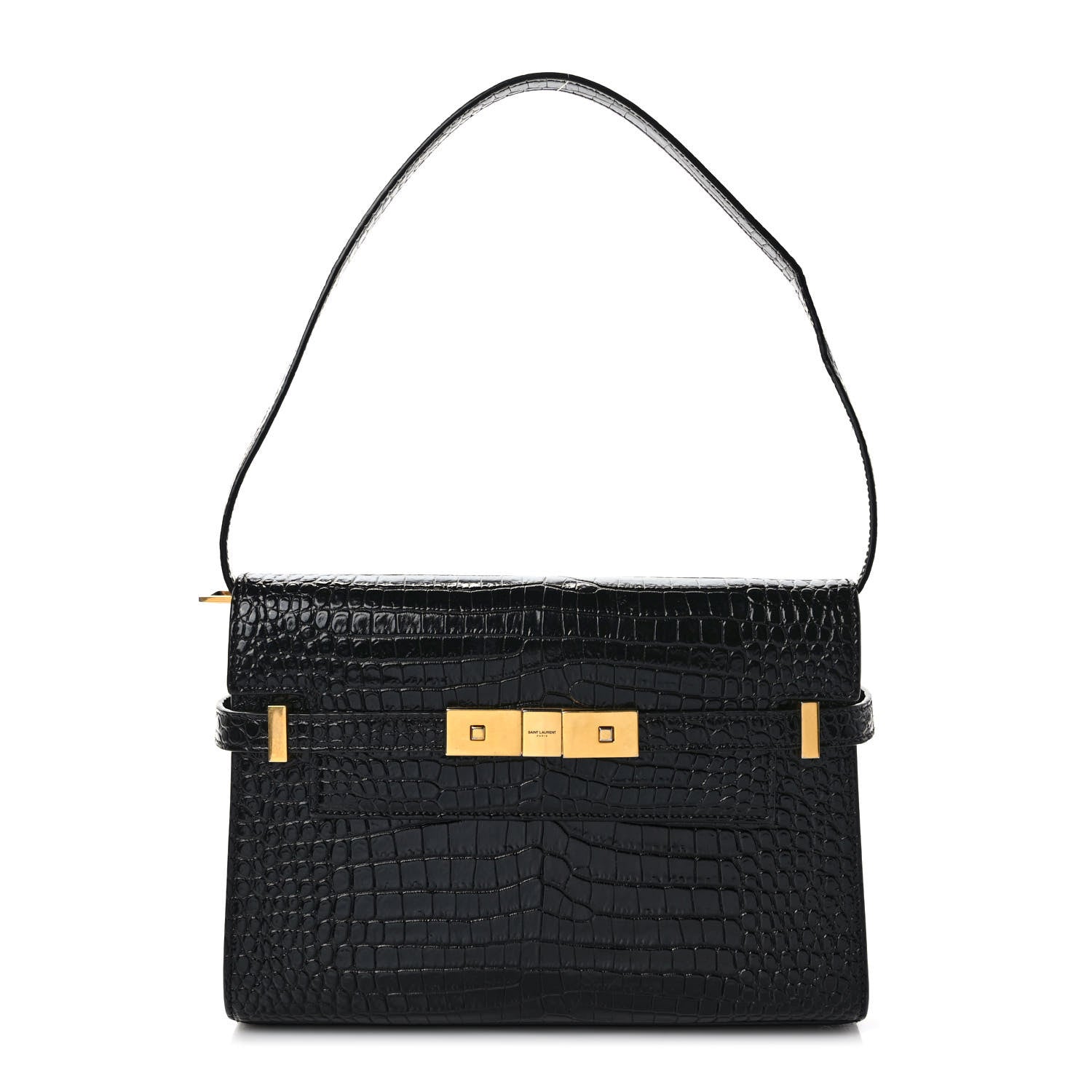 Saint Laurent Shiny Calfskin Crocodile Embossed Manhattan Baguette Black 1 of 8