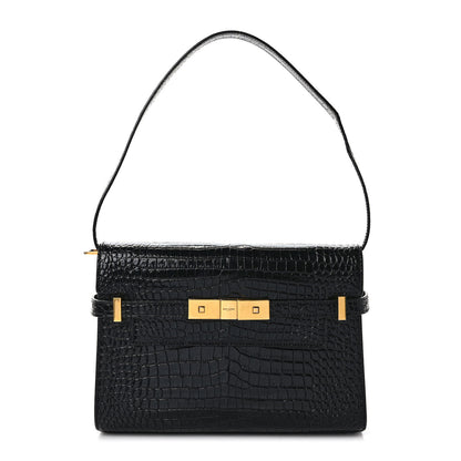 Saint Laurent Shiny Calfskin Crocodile Embossed Manhattan Baguette Black 1 of 8