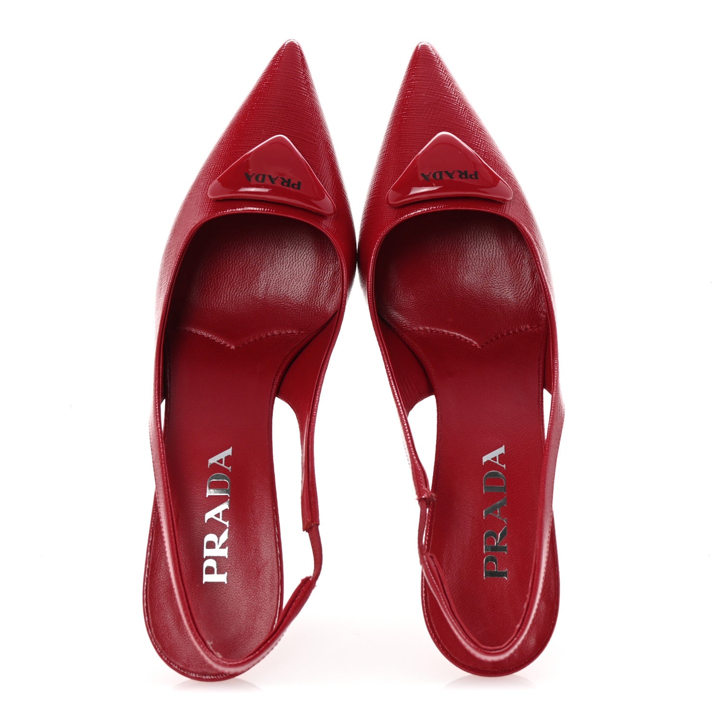 Vernice Saffiano Triangle Logo Pointed Toe 75mm Slingback Pumps 37 Cherry Red